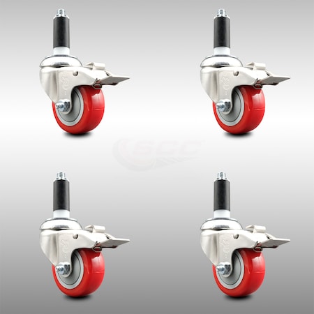 Service Caster 3 Inch 316SS Red Poly Swivel 1-1/8 Inch Expanding Stem Caster Set Lock Brake SCC-SS316TTLEX20S314-PPUB-RED-118-4